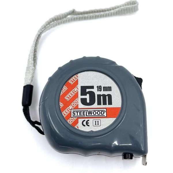 Steelwood Rolbandmaat - 5 mtr - Cm en mm aanduiding - Stopknop Steelwood Rolbandmaat - 5 mtr - Cm en mm aanduiding - Stopknop