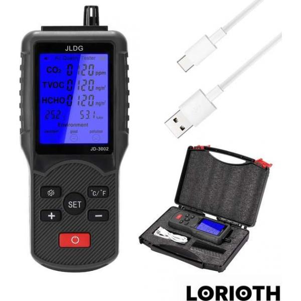 LORIOTH® Luchtmeter - Co2 Sensor - Luchtkwaliteit Meter - Luchtvochtigheid Meter - Inclusief opbergdoos - USB-C - Zwart LORIOTH® Luchtmeter - Co2 Sensor - Luchtkwaliteit Meter - Luchtvochtigheid Meter - Inclusief opbergdoos - USB-C - Zwart