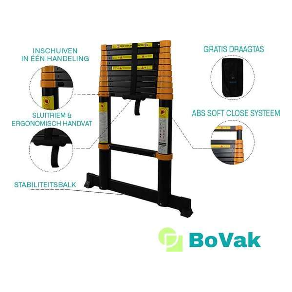 Telescoop ladder PRO 3.2 meter met stabilisatiebalk en Soft close systeem-Gratis draagtas- EU veiligheidskeurmerk Telescoop ladder PRO 3.2 meter met stabilisatiebalk en Soft close systeem-Gratis draagtas- EU veiligheidskeurmerk