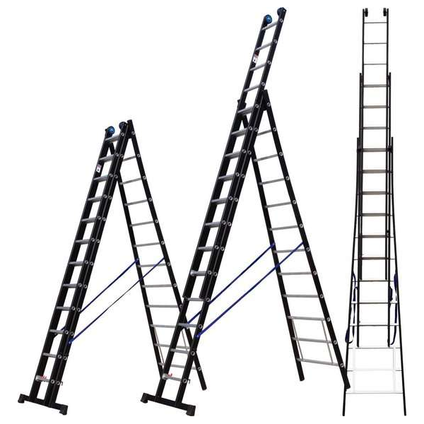 ALDORR Professional 3-delige Uitgebogen Reformladder 3x12 - Hoogte 8,25 meter - Extra stabiel door uitgebogen bomen - Zwart