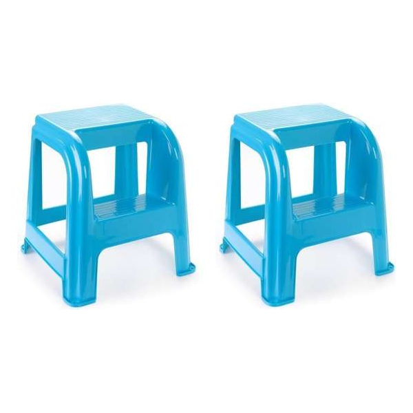 2x stuks lichtblauw keukenkrukje/opstapje met 2 treden 45 cm - Keuken/badkamer krukjes/opstapjes 2x stuks lichtblauw keukenkrukje/opstapje met 2 treden 45 cm - Keuken/badkamer krukjes/opstapjes