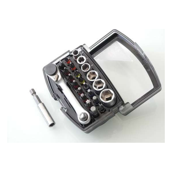 Zeer compacte Bit- en doppenset met mini Ratel - 24delig - Dubbele ratel voor bits en doppen Zeer compacte Bit- en doppenset met mini Ratel - 24delig - Dubbele ratel voor bits en doppen