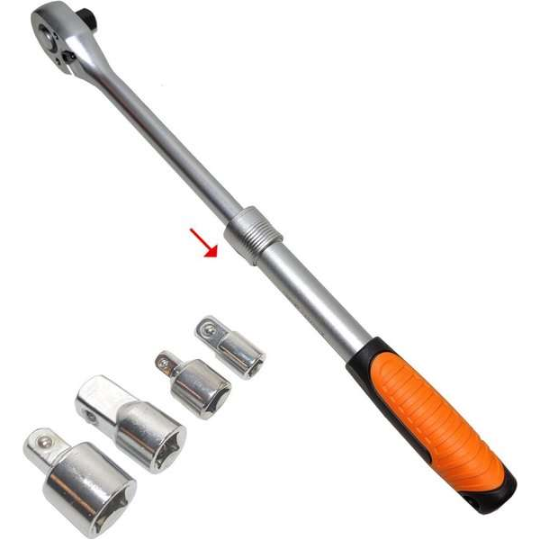 Telescopische Ratel Chroom Vanadium 1/2″ fijngetand 72 tanden HQ uitschuifbaar + 1/4 en 3/8 verloop set Telescopische Ratel Chroom Vanadium 1/2″ fijngetand 72 tanden HQ uitschuifbaar + 1/4 en 3/8 verloop set