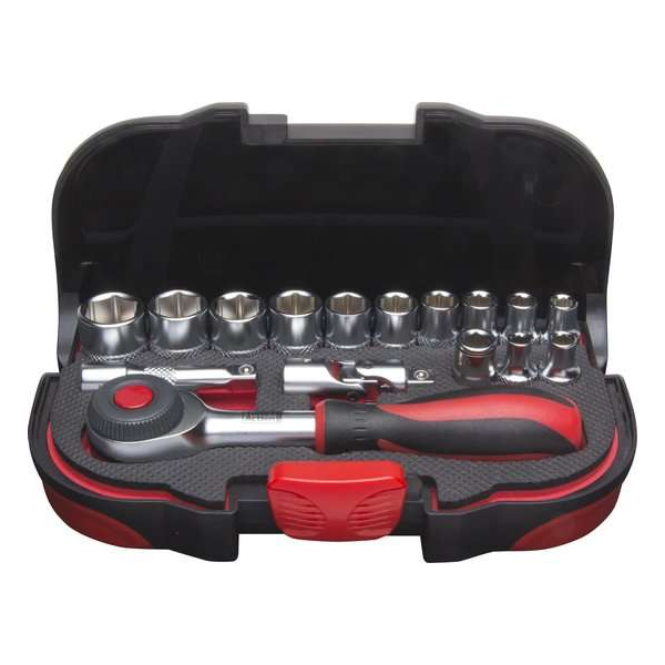 Professionele 1/4" doppenset - incl. 360 graden rotatie ratel met quick release button - 16-delig Professionele 1/4" doppenset - incl. 360 graden rotatie ratel met quick release button - 16-delig
