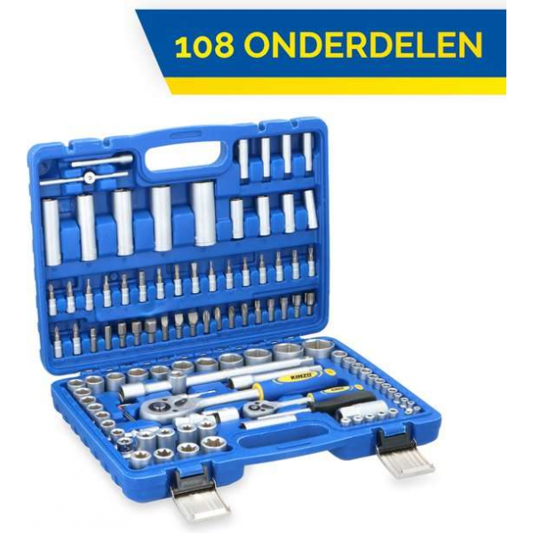 Kinzo Dopsleutel- en Bitset - 108 Stuks - Extra Sterk - Chroom Vanadium Staal - In Kunststof Koffer Kinzo Dopsleutel- en Bitset - 108 Stuks - Extra Sterk - Chroom Vanadium Staal - In Kunststof Koffer