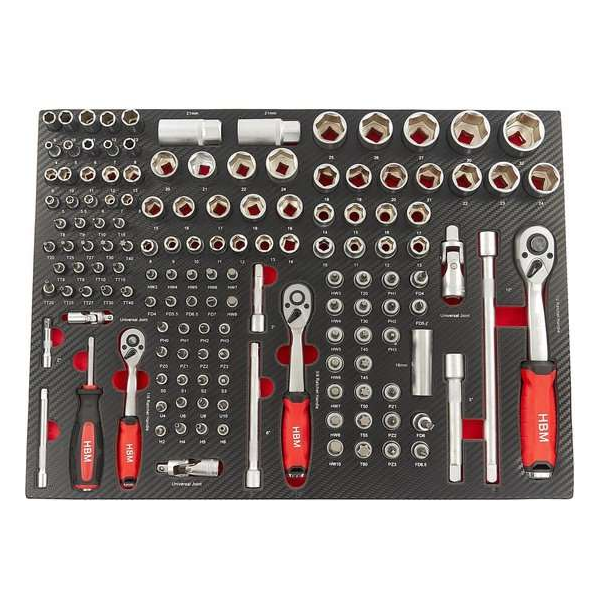 145 Delige Doppenset met Ratels in Carbon Foam inlay voor Gereedschapswagen 145 Delige Doppenset met Ratels in Carbon Foam inlay voor Gereedschapswagen