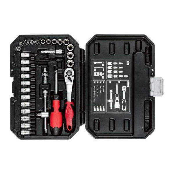 Parkside Dopsleutelset - Met 1/4" (6,3 mm) opname - 36-delige set - Hoogwaardig set gemaakt van chroom-vanadiumstaal en S2-staal Parkside Dopsleutelset - Met 1/4" (6,3 mm) opname - 36-delige set - Hoogwaardig set gemaakt van chroom-vanadiumstaal en S2-staal