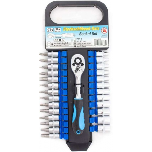 BGS dopsleutelset 1/4 - 27 delig - Torx en Doppen 4mm - 13mm - BGS15105 BGS dopsleutelset 1/4 - 27 delig - Torx en Doppen 4mm - 13mm - BGS15105