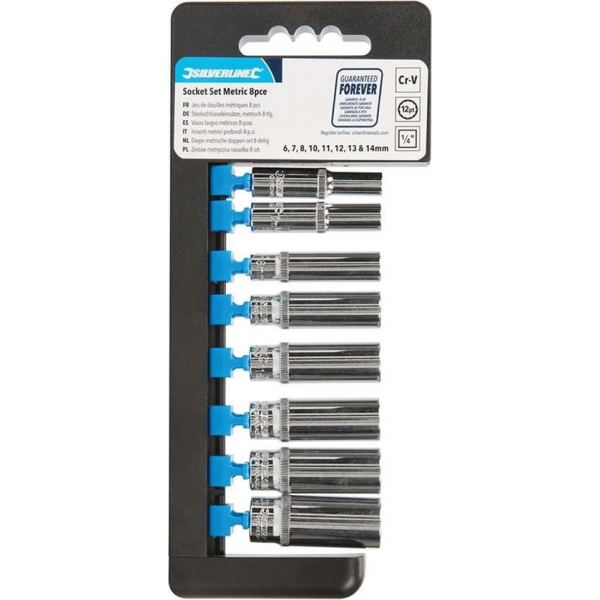 Silverline 1/4" 12Pt Diepe Metrische Zeskantdoppen Set - 6 t/m 14 mm. - 8 Delig Silverline 1/4" 12Pt Diepe Metrische Zeskantdoppen Set - 6 t/m 14 mm. - 8 Delig