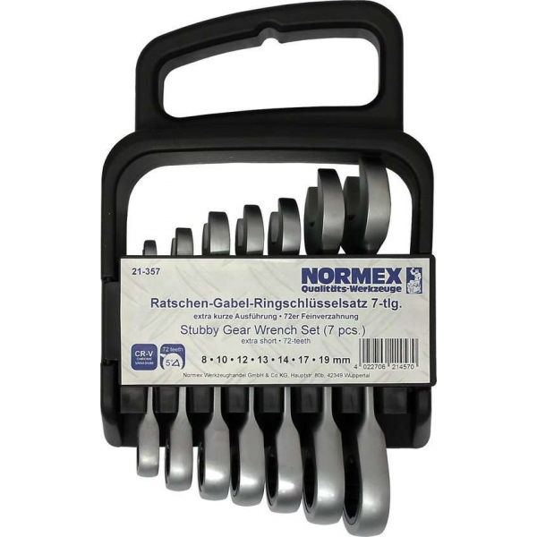 Ring-ratel - steek sleutelset - 7 delig - 8 t/m 19 mm - Extra korte sleutels - Normex Ring-ratel - steek sleutelset - 7 delig - 8 t/m 19 mm - Extra korte sleutels - Normex