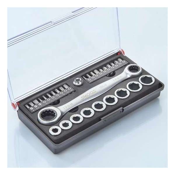 Smoos® Ratelsleutelset met uitwisselsysteem 31-delig - Staal - Zilver Smoos® Ratelsleutelset met uitwisselsysteem 31-delig - Staal - Zilver