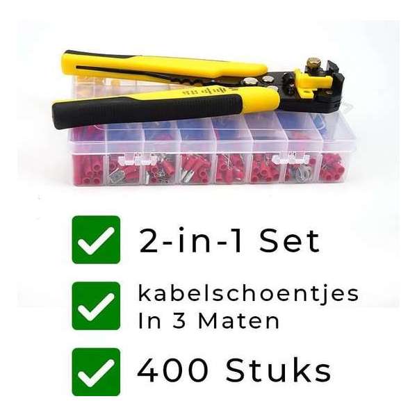 Kabelschoentjes Set INCLUSIEF Automatische Striptang + Krimptang – Set van 400 Kabelschoenen Kabelschoentjes Set INCLUSIEF Automatische Striptang + Krimptang – Set van 400 Kabelschoenen