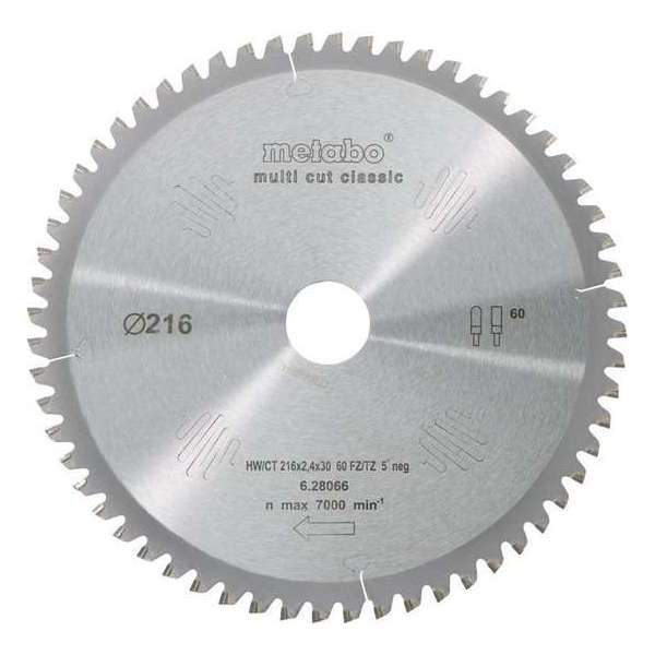 Metabo 628066000 Multi Cut Cirkelzaagblad - 216 x 30 x 60T - Hout / Epoxy / Aluminium / Kunststof Metabo 628066000 Multi Cut Cirkelzaagblad - 216 x 30 x 60T - Hout / Epoxy / Aluminium / Kunststof