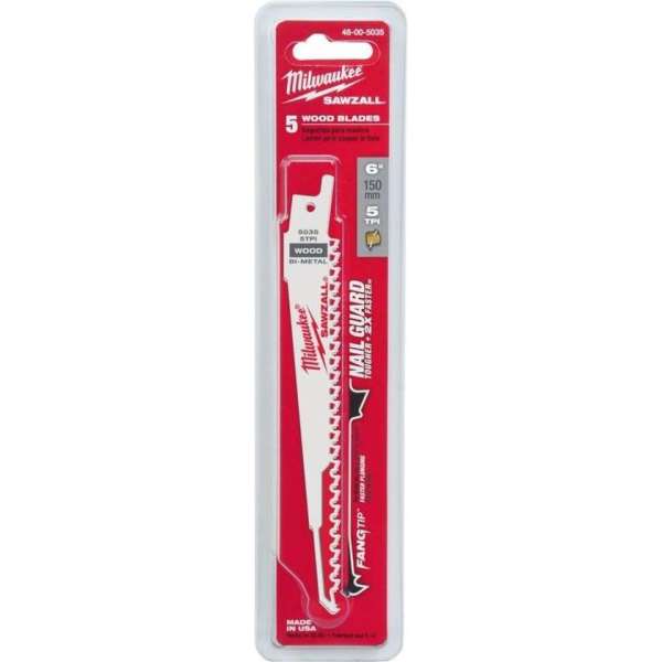 Milwaukee 48005035 Reciprozaagblad - 150 x 5TPI - Hout met spijkers (5st) Milwaukee 48005035 Reciprozaagblad - 150 x 5TPI - Hout met spijkers (5st)