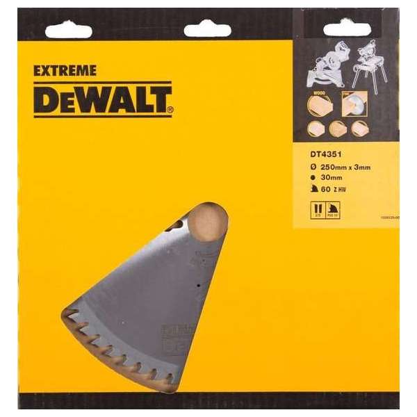 DeWalt DT4351 Extreme Cirkelzaagblad - 250 x 30 x 60T - Hout DeWalt DT4351 Extreme Cirkelzaagblad - 250 x 30 x 60T - Hout