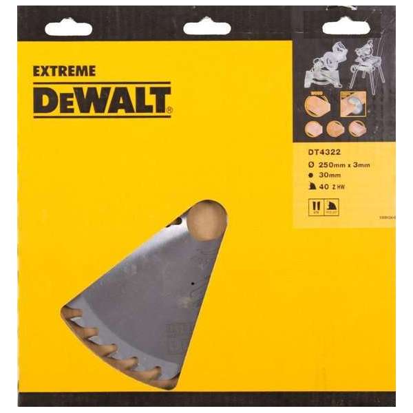 DeWalt DT4322 Extreme Cirkelzaagblad - 250 x 30 x 40T - Hout / MDF DeWalt DT4322 Extreme Cirkelzaagblad - 250 x 30 x 40T - Hout / MDF