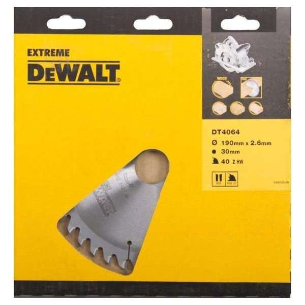 DeWalt DT4064 Extreme Cirkelzaagblad - 190 x 30 x 40T - Hout / Laminaat DeWalt DT4064 Extreme Cirkelzaagblad - 190 x 30 x 40T - Hout / Laminaat