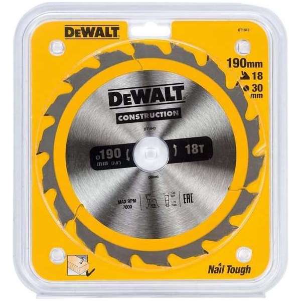 DeWalt DT1943 Cirkelzaagblad - 190 x 30 x 18T - Hout (met nagels) DeWalt DT1943 Cirkelzaagblad - 190 x 30 x 18T - Hout (met nagels)