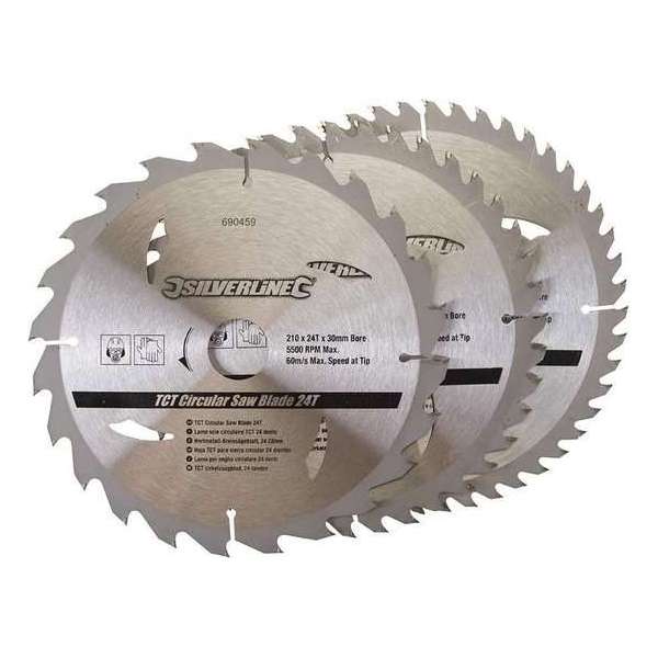 Silverline Tct Cirkelzaagblad, 24, 40, 48 Tanden, 3 Stuks (210 X 30 - 25 En 16 mm Ringen) Silverline Tct Cirkelzaagblad, 24, 40, 48 Tanden, 3 Stuks (210 X 30 - 25 En 16 mm Ringen)