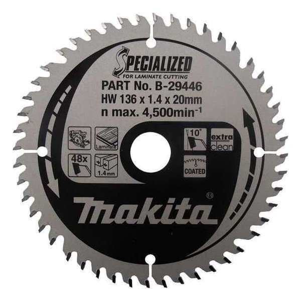 Makita B-29446 Specialized Cirkelzaagblad - 136 x 20 x 48T - Laminaat Makita B-29446 Specialized Cirkelzaagblad - 136 x 20 x 48T - Laminaat