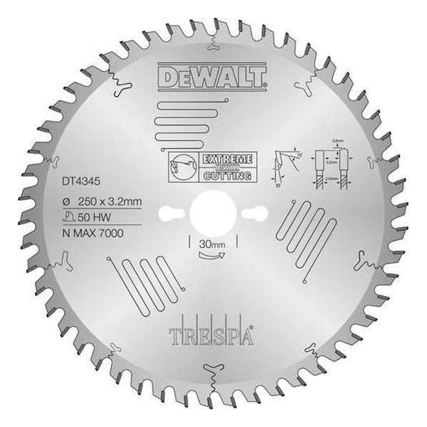 DeWALT DT4345 Trespa Cirkelzaagblad 250x3.2x30mm 50T HG Extra fijn afwerking DeWALT DT4345 Trespa Cirkelzaagblad 250x3.2x30mm 50T HG Extra fijn afwerking