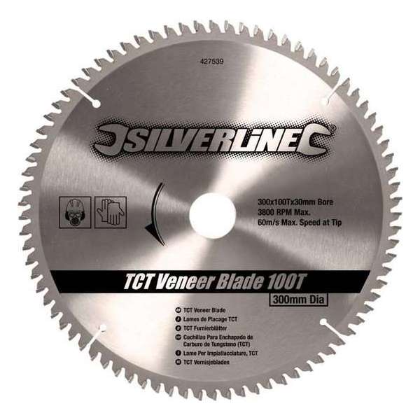 Silverline TCT fineer cirkelzaagblad, 100 tanden 300 x 30 - 25,20 en 16 mm ringen Silverline TCT fineer cirkelzaagblad, 100 tanden 300 x 30 - 25,20 en 16 mm ringen