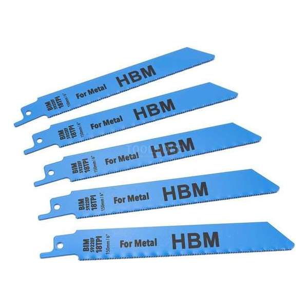 HBM 5 Delige 150 mm. 18 TPI Reciprozaagbladenset Voor Metaal HBM 5 Delige 150 mm. 18 TPI Reciprozaagbladenset Voor Metaal