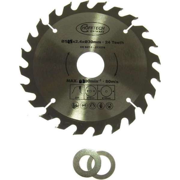 Cirkelzaagblad Ø 185 x 2.4 x Ø 30mm 24 Tands incl verloopringen 20 en 16mm