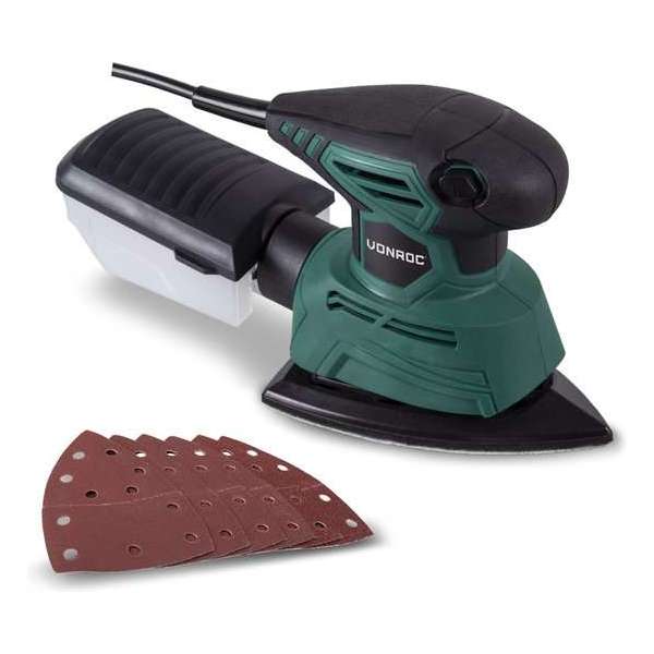 VONROC PS501AC Multischuurmachine – Palmschuurmachine – 130W – Met stofopvangbox & 6 stuks schuurpapier VONROC PS501AC Multischuurmachine – Palmschuurmachine – 130W – Met stofopvangbox & 6 stuks schuurpapier