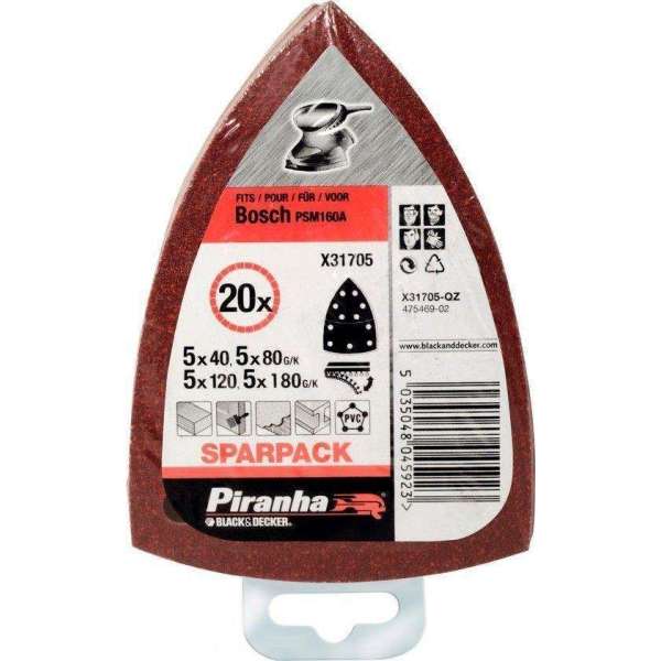 Piranha Schuurstroken Bosch PSM (5xK40, 5xK80, 5xK120, 5xK180), 20 stuks X31705 Piranha Schuurstroken Bosch PSM (5xK40, 5xK80, 5xK120, 5xK180), 20 stuks X31705