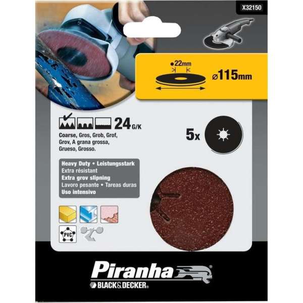 Piranha Schuurschijf Haakse Slijper K24 - 115x22 mm 5 stuks - X32150 Piranha Schuurschijf Haakse Slijper K24 - 115x22 mm 5 stuks - X32150