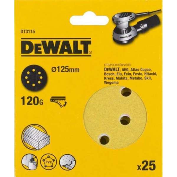 DeWalt DT3115 Schuurschijf - K120 - 125mm (25st) DeWalt DT3115 Schuurschijf - K120 - 125mm (25st)