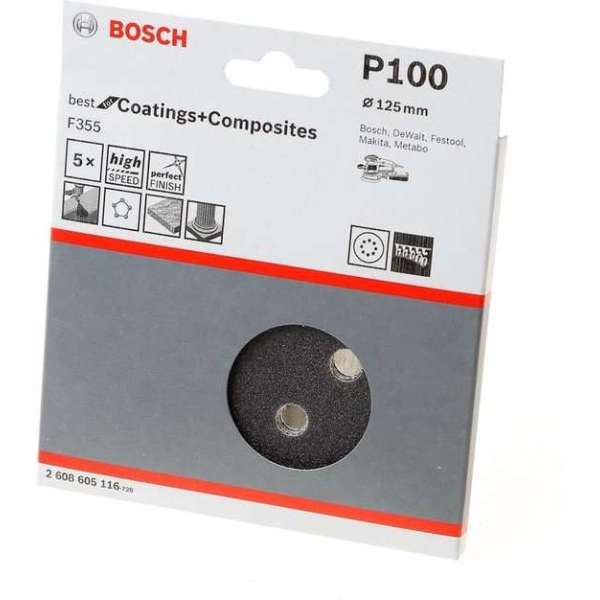 Bosch Schuurschijf coating and composites diameter 125mm K100 blister van 5 schijven Bosch Schuurschijf coating and composites diameter 125mm K100 blister van 5 schijven