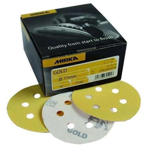 MIRKA Gold Schuurschijven 77mm met 6 gaten / 50 stuks - P600 MIRKA Gold Schuurschijven 77mm met 6 gaten / 50 stuks - P600