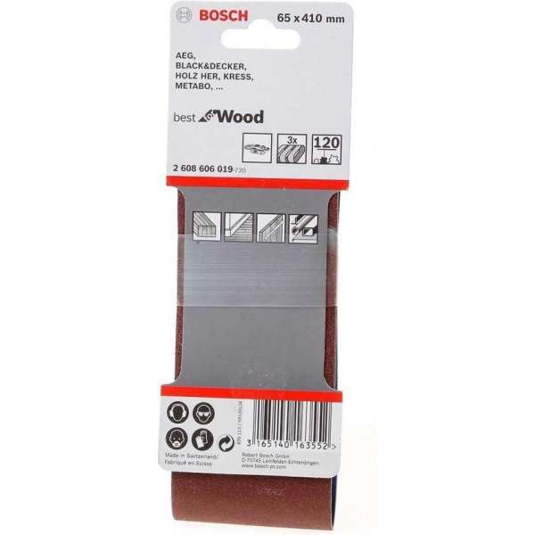 Bosch Schuurband 65 x 410mm K120 blister van 3 banden (Prijs per 2 stuks) Bosch Schuurband 65 x 410mm K120 blister van 3 banden (Prijs per 2 stuks)