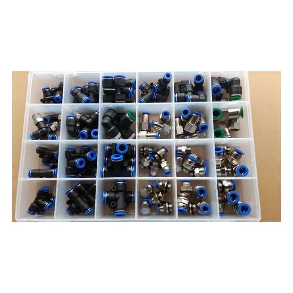 Push in koppelingen assortiment rechte - knie - t-stuk - puntstuk voor 6 en 8 en 10 mm slang 110 delig CDC Push in koppelingen assortiment rechte - knie - t-stuk - puntstuk voor 6 en 8 en 10 mm slang 110 delig CDC