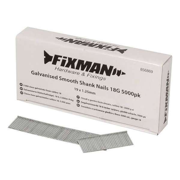 Fixman Gegalvaniseerde 18 Gauge - Tacker Spijkers - Gladde Schacht - 19 x 1,25 mm. - 5000 stuks Fixman Gegalvaniseerde 18 Gauge - Tacker Spijkers - Gladde Schacht - 19 x 1,25 mm. - 5000 stuks