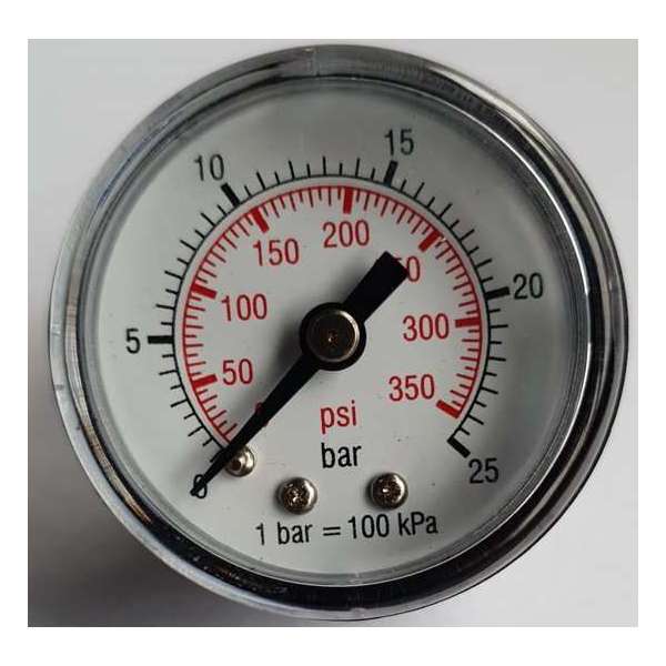 K&W Manometer 40 mm diameter 0-25 bar met 1/8" achter aansluiting geschikt voor luchtdruk K&W Manometer 40 mm diameter 0-25 bar met 1/8" achter aansluiting geschikt voor luchtdruk