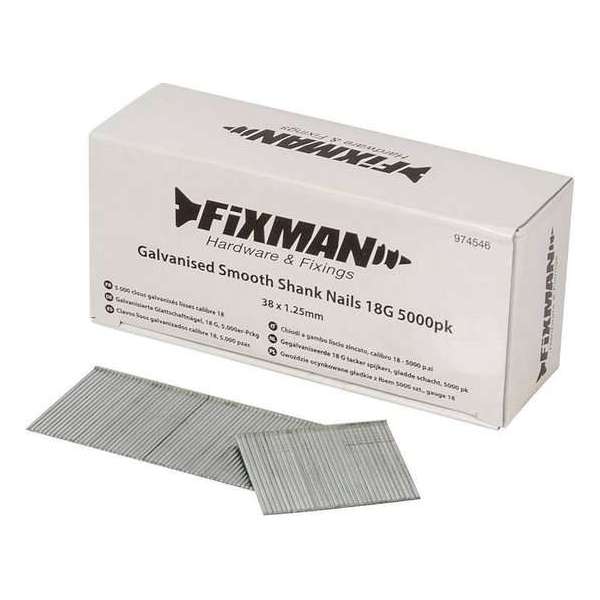 Fixman Gegalvaniseerde 18 Gauge - Tacker Spijkers - Gladde Schacht - 38 x 1,25 mm. - 5000 stuks Fixman Gegalvaniseerde 18 Gauge - Tacker Spijkers - Gladde Schacht - 38 x 1,25 mm. - 5000 stuks