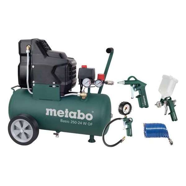 Metabo Basic 250-24 W OF SET Compressor + LPZ-4 toebehorenset - 1500W - 8 bar - 24L - 100 l/min Metabo Basic 250-24 W OF SET Compressor + LPZ-4 toebehorenset - 1500W - 8 bar - 24L - 100 l/min