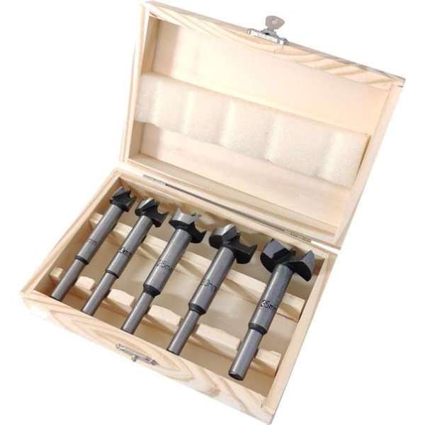 5 Delige scharnierboor forstnerboor scharniergat boor set 15 - 35 mm in houten opbergdoos 5 Delige scharnierboor forstnerboor scharniergat boor set 15 - 35 mm in houten opbergdoos