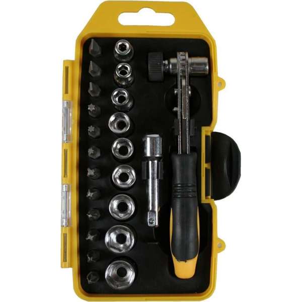 Bit / doppenset 23-delig met ratel / dophouder - bitset / gereedschapset - met o.a. Torx bits, Philips bits en krachtdoppen Bit / doppenset 23-delig met ratel / dophouder - bitset / gereedschapset - met o.a. Torx bits, Philips bits en krachtdoppen