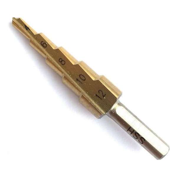 Stappenboor 4-12 mm –HSS stappenboor – Kegelboor – Trapgatboor - Conische plaatfrezen met titanium coating Stappenboor 4-12 mm –HSS stappenboor – Kegelboor – Trapgatboor - Conische plaatfrezen met titanium coating