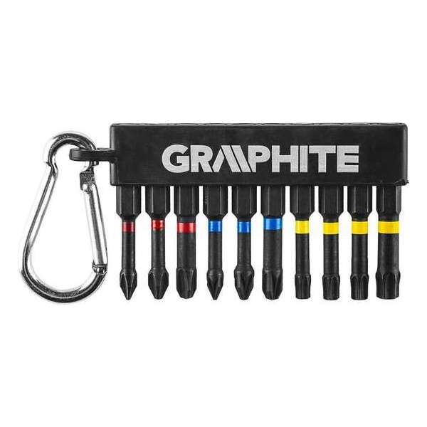 GRAPHITE Bitset IMPACT 10 Delig PH PZ en TX, lengte 50 mm , S2 Staal met Karabijnhaak GRAPHITE Bitset IMPACT 10 Delig PH PZ en TX, lengte 50 mm , S2 Staal met Karabijnhaak