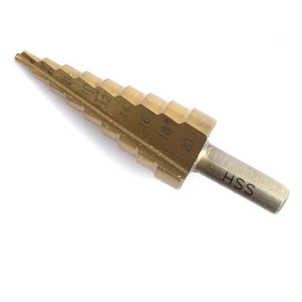 Stappenboor 4-20 mm –HSS stappenboor – Kegelboor – Trapgatboor - Conische plaatfrezen met titanium coating Stappenboor 4-20 mm –HSS stappenboor – Kegelboor – Trapgatboor - Conische plaatfrezen met titanium coating