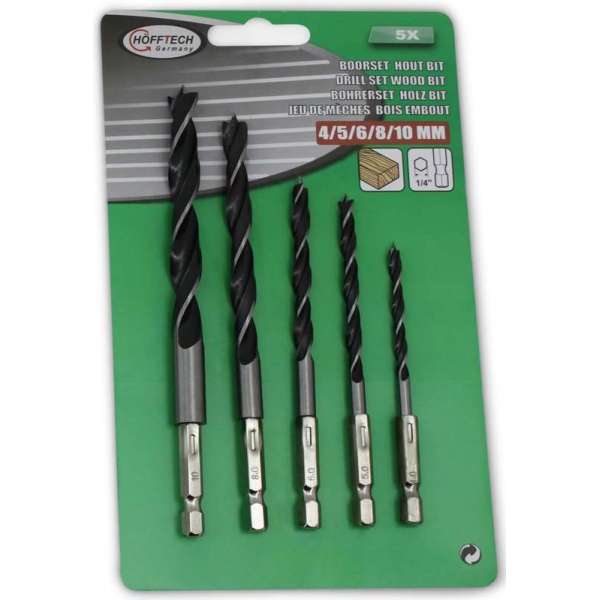 Hofftech Boorset Hout - Bitmodel - 4, 5, 6, 8 en 10 mm. Hofftech Boorset Hout - Bitmodel - 4, 5, 6, 8 en 10 mm.