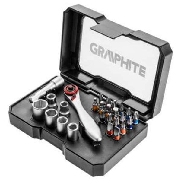 GRAPHITE Bit-dopset 26-Delig - Ratelbitset - Handige Mini Ratel - S2 Staal - Pro Ratel - Zyklop Doppen GRAPHITE Bit-dopset 26-Delig - Ratelbitset - Handige Mini Ratel - S2 Staal - Pro Ratel - Zyklop Doppen