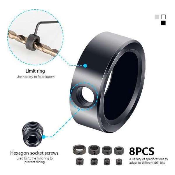 WiseGoods Premium Boor Stop - Diepteaanslag Boordiepte - Dieptebegrenzer3-16MM Houtbewerking - Gereedschap - Boren - 8-delig WiseGoods Premium Boor Stop - Diepteaanslag Boordiepte - Dieptebegrenzer3-16MM Houtbewerking - Gereedschap - Boren - 8-delig