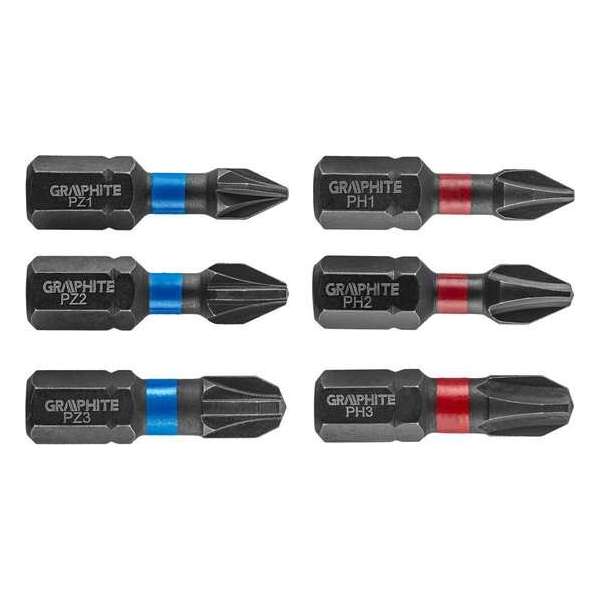 GRAPHITE Bit IMPACT PH 1 2 3, PZ 1 2 3 x 25 mm, S2 Staal Full Fit Kop, 6 stuks GRAPHITE Bit IMPACT PH 1 2 3, PZ 1 2 3 x 25 mm, S2 Staal Full Fit Kop, 6 stuks