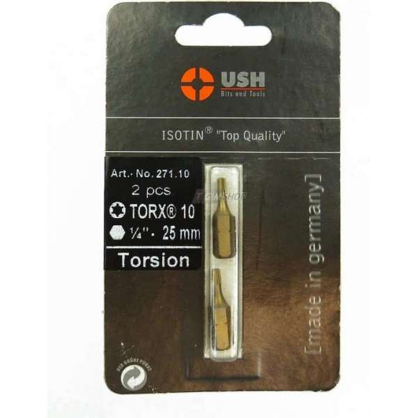USH Isotin Top Quality Bits, Torx 10, 1/4 inch, 25mm, 2 stuks, (27110) USH Isotin Top Quality Bits, Torx 10, 1/4 inch, 25mm, 2 stuks, (27110)